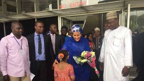 Buhari’s ex-minister Amina Mohammed receives heroic welcome as she arrives Nigeria with UN officials on special visit to Osinbajo (See Photos)