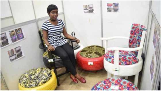 Meet talented Nigerian girl who makes pieces of furniture from used tyres (photo)